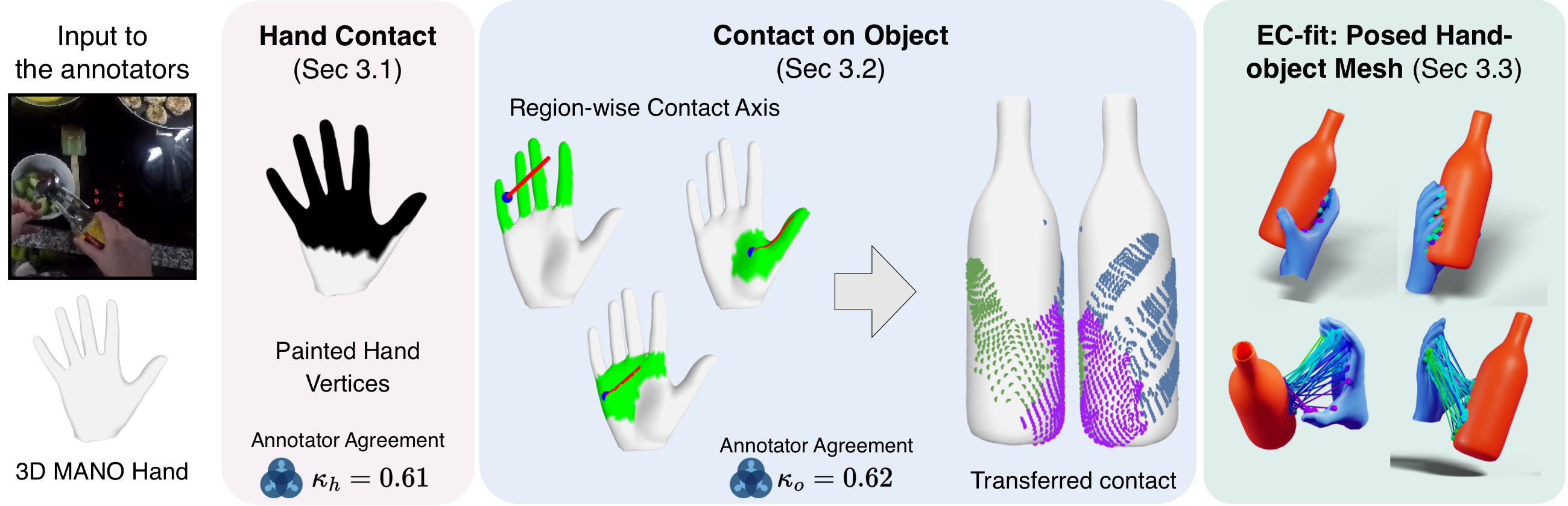 Three-stage EPIC-Contact annotation: painting contact vertices on a subdivided MANO hand, transferring them to the object via region-wise contact axes to obtain bijective correspondences, and fitting posed hand-object meshes with EC-fit.